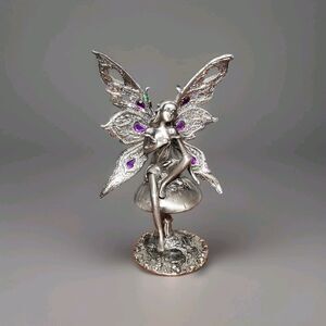 Vintage Pewter Fairy Figurine Glittery Shiny Rhinestone Fantasy Goth Home Decor